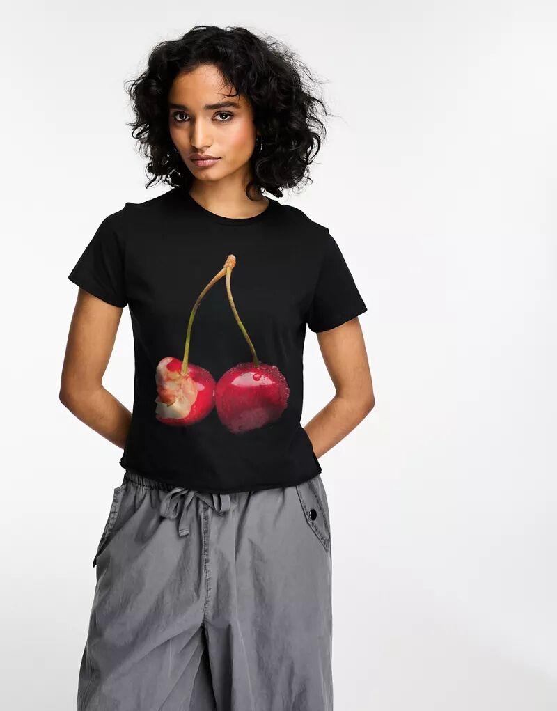 Черная укороченная футболка с вишневым графическим принтом ASOS