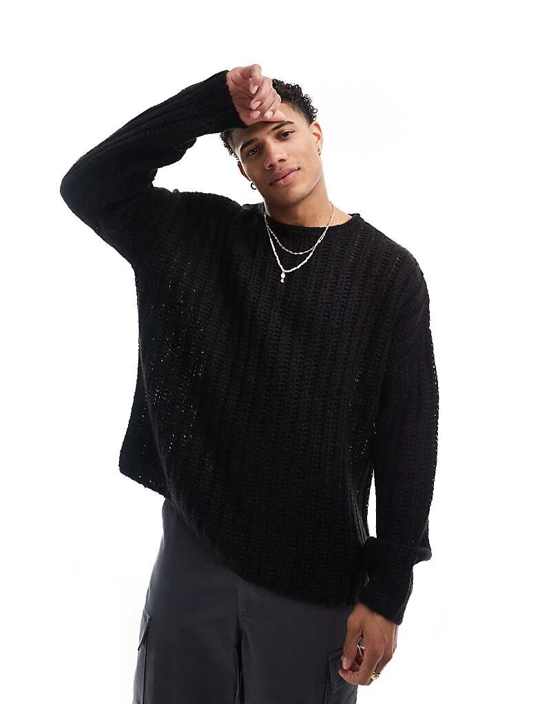 

Черный свободный вязаный свитер в рубчик с начесом ASOS DESIGN