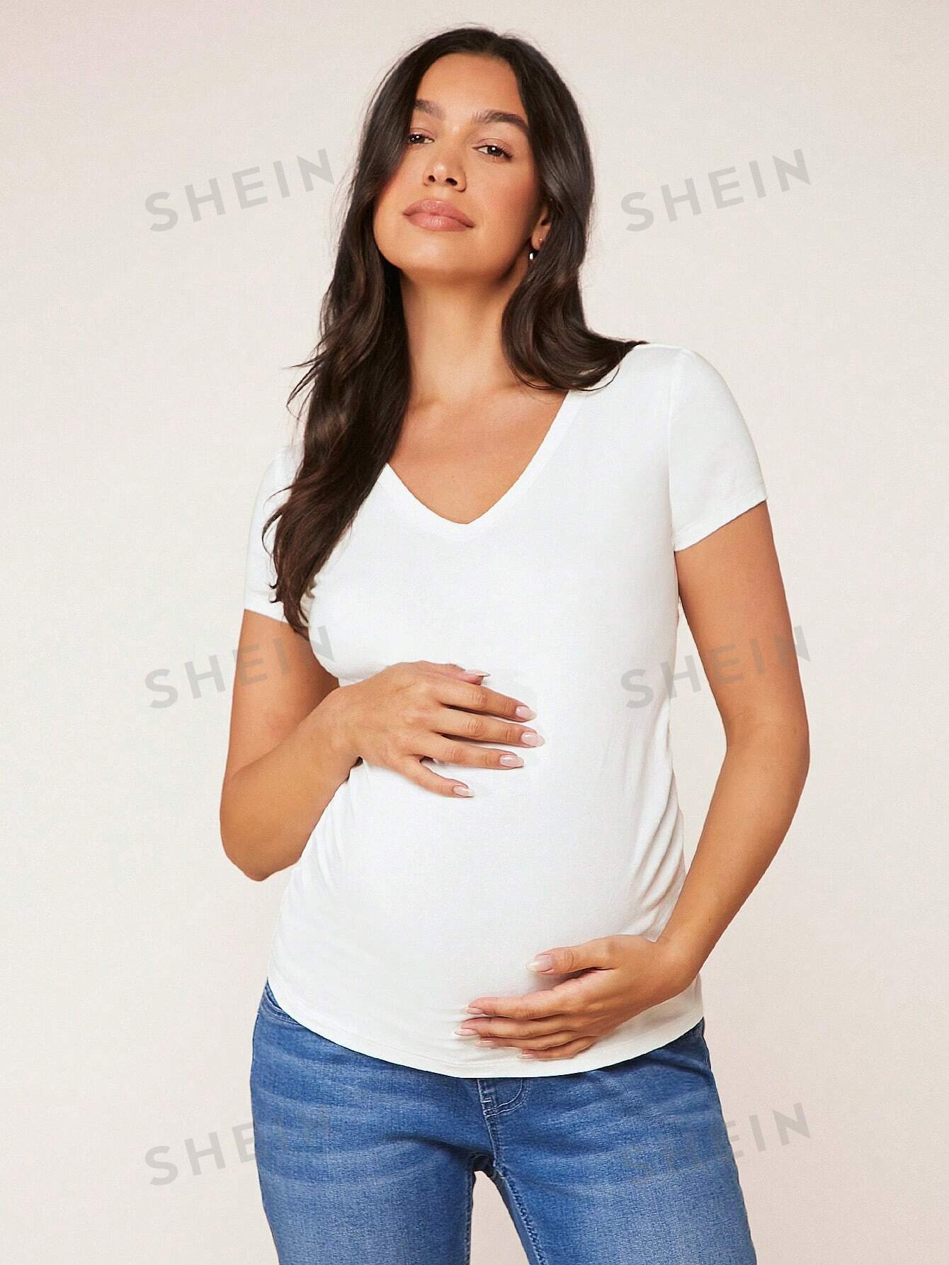new style maternity photography props maxi maternity gown cotton maternity dress maternity fancy photo shooting pregnant dress SHEIN Однотонная футболка для беременных с v-образным вырезом, белый