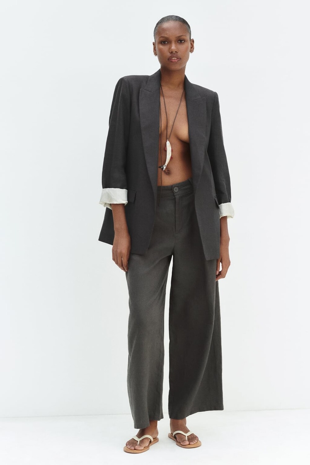 

Широкие брюки из льна ZARA, серый