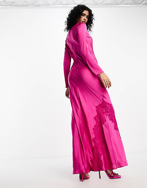 Атласное платье макси с длинными рукавами и кружевной аппликацией ASOS DESIGN розового цвета цвета фуксии
