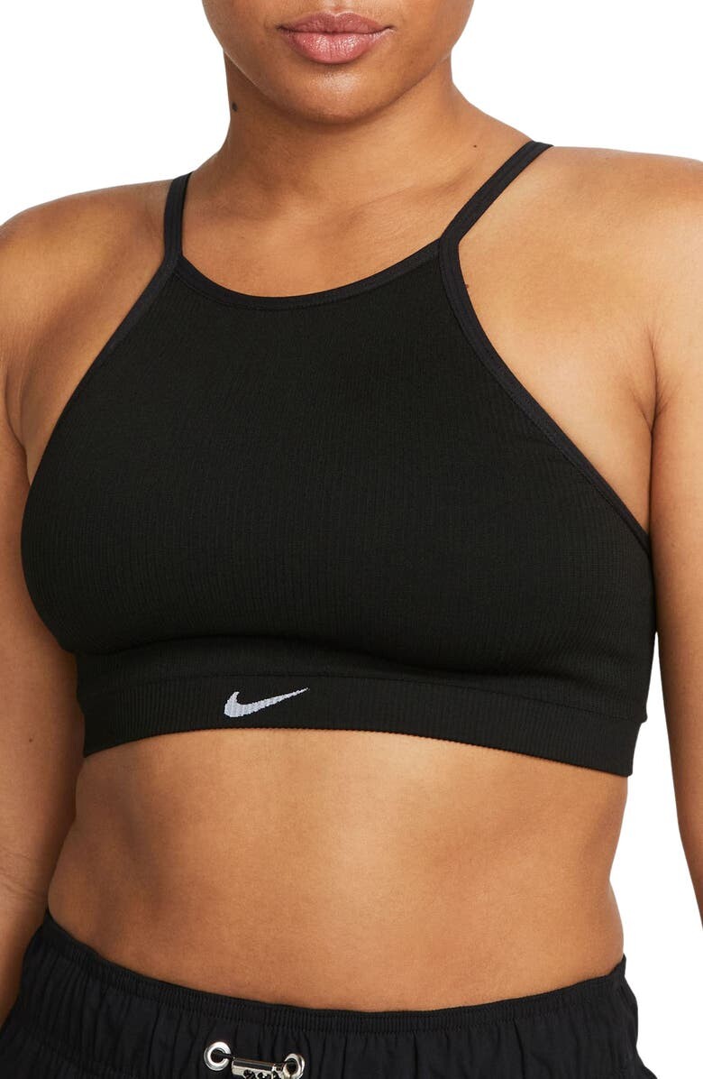 

Бесшовный спортивный бюстгальтер в рубчик Indy Dri-FIT NIKE, черно-белый