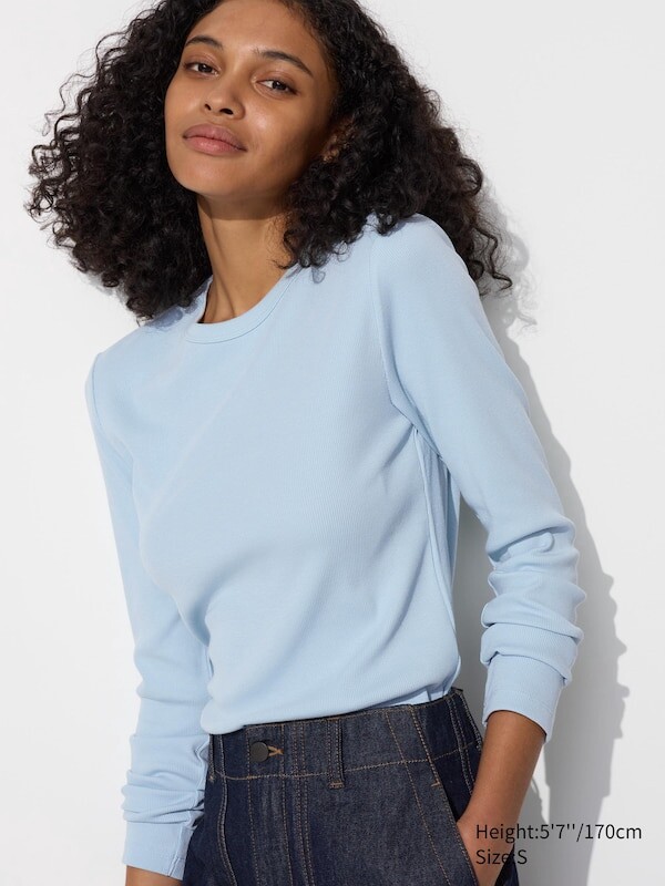 

Футболка с круглым вырезом из мягкой ткани в рубчик длинный рукав Uniqlo, синий
