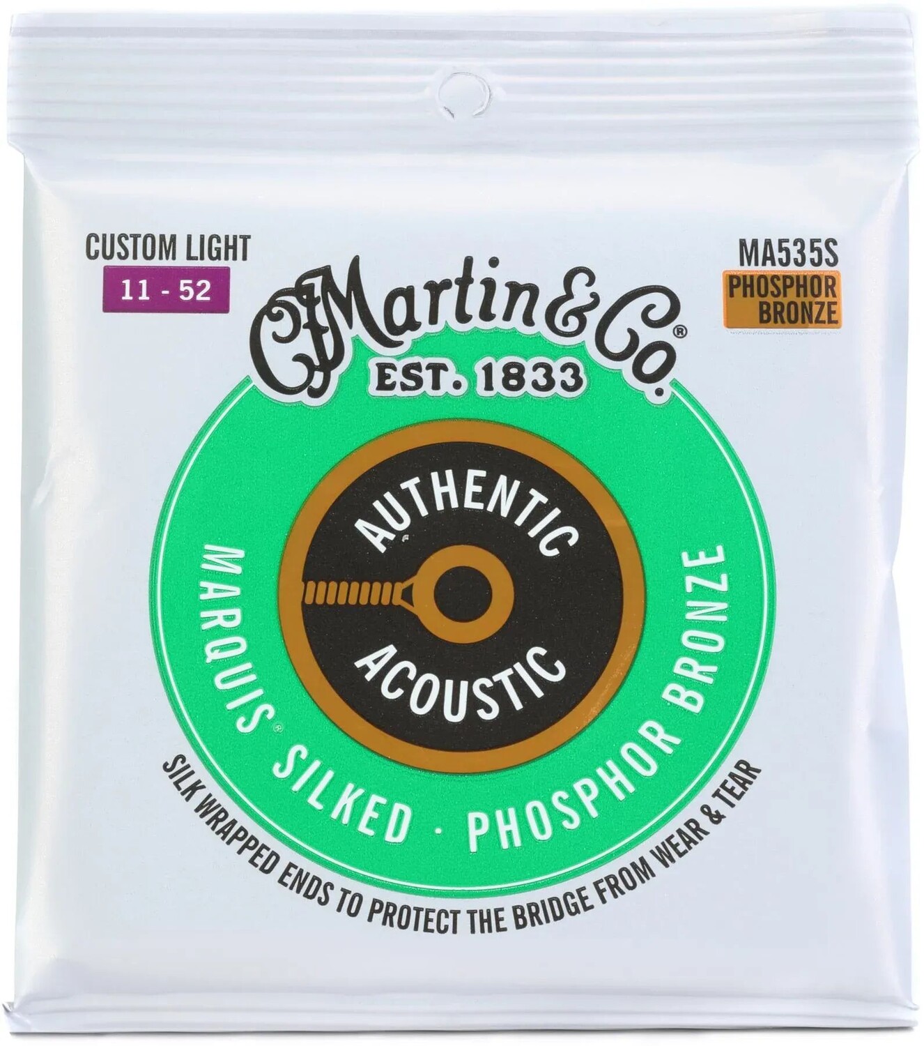 

Аутентичные акустические гитарные струны Martin MA535S Marquis Silked 92/8 из фосфористой бронзы — .011-.052 Custom Light