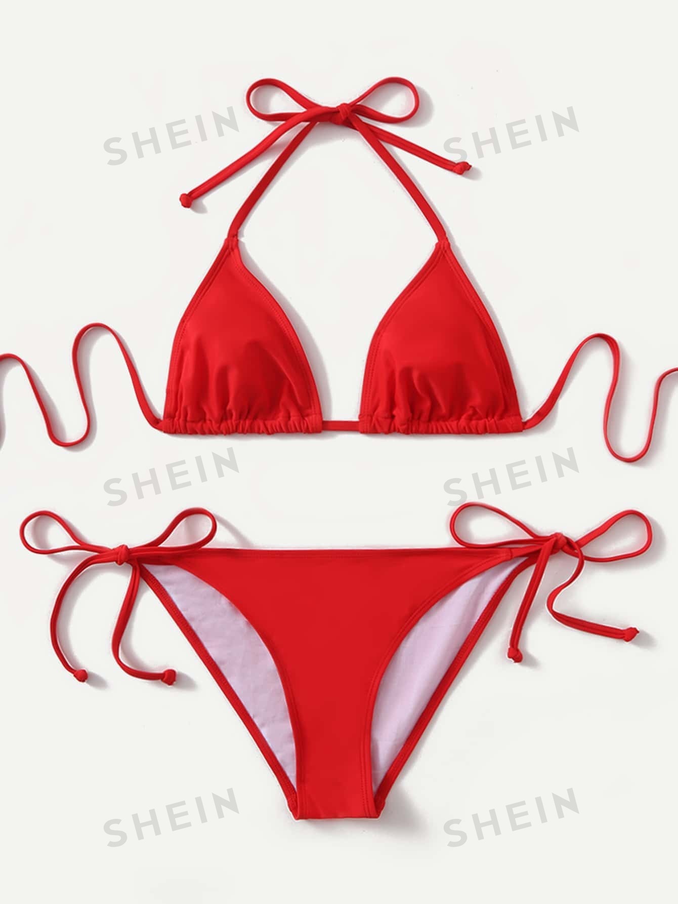 цена SHEIN Swim Vcay Женский комплект бикини с цветочной текстурой и вырезом через шею, красный