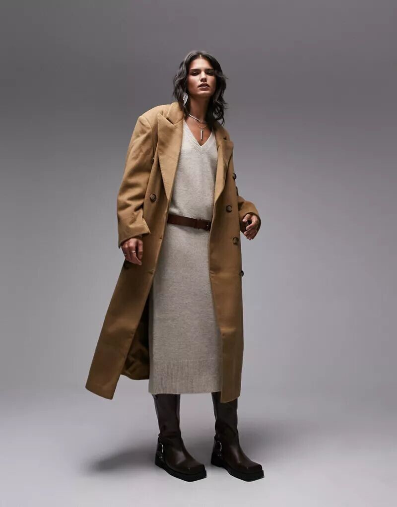 

Светло-коричневое длинное пальто в стиле оверсайз Topshop