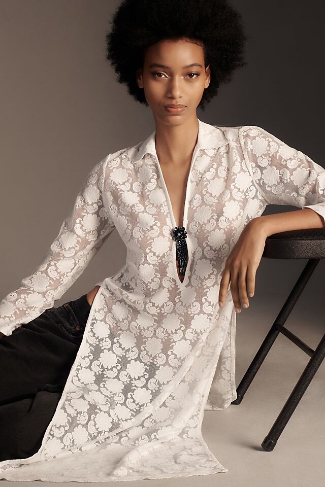 

Топ Anthropologie кружевной с длинными рукавами, светло-серый