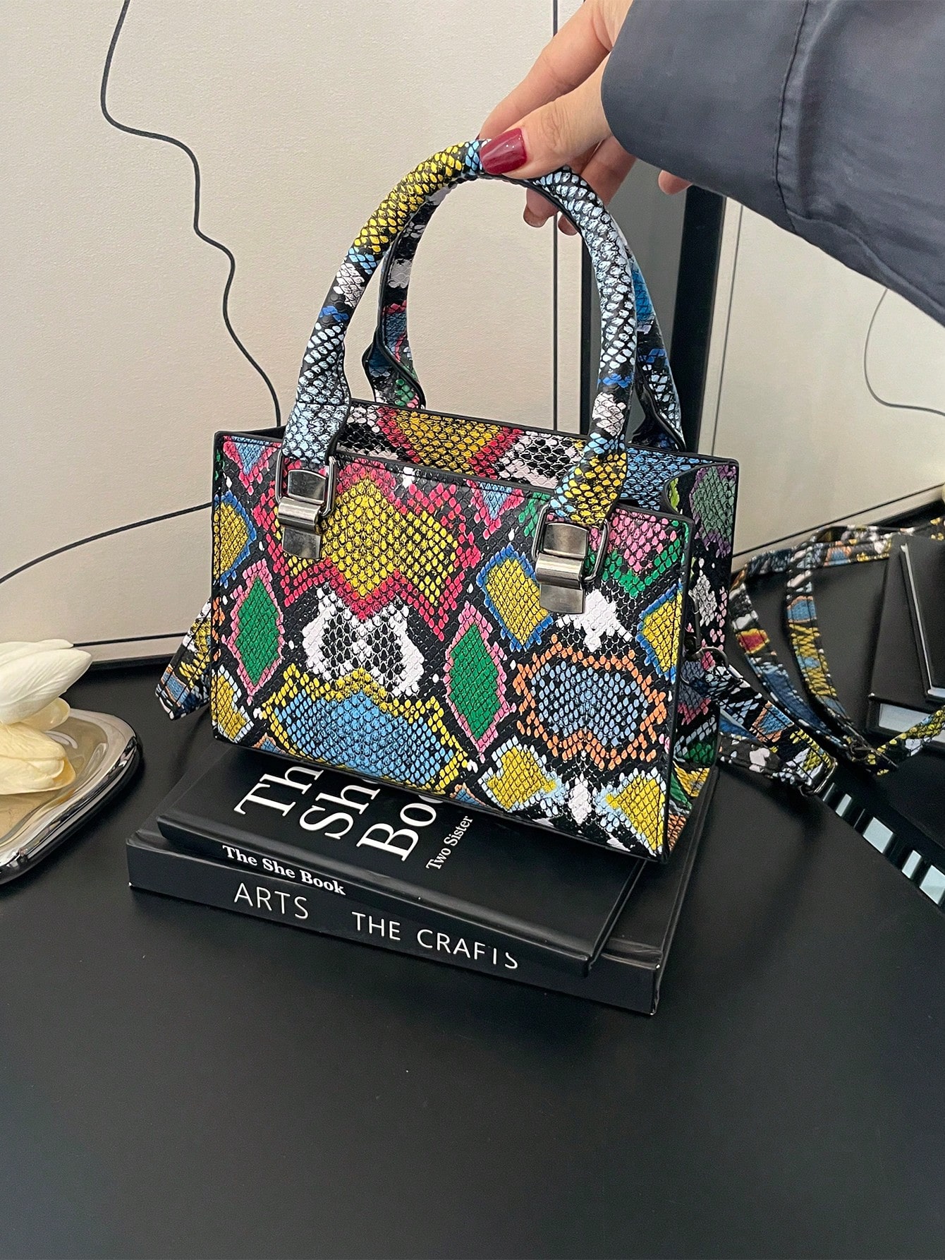 Миниатюрная квадратная сумка со змеиным принтом в стиле фанк с двойной ручкой, многоцветный