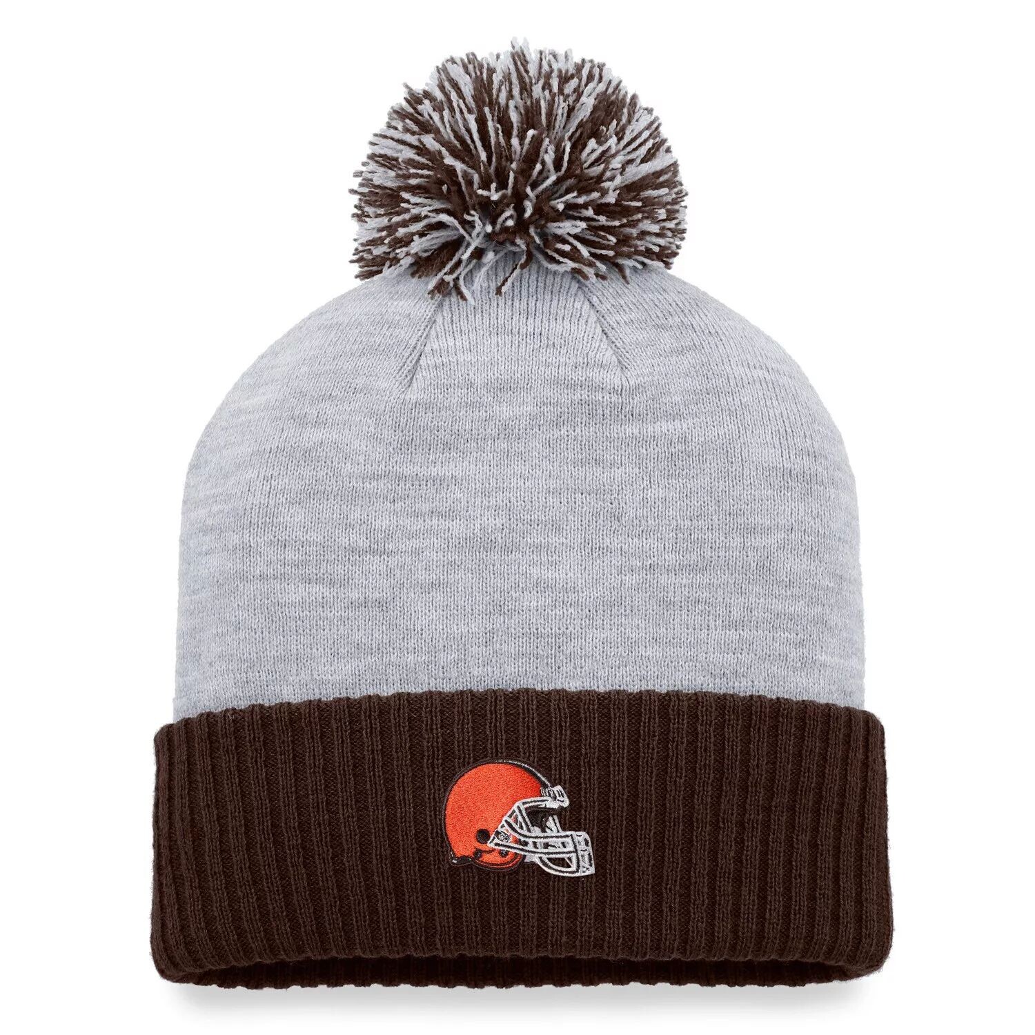 

Женская брендовая коричневая/хизерово-серая женская шапка Cleveland Browns Ash с манжетами и помпоном Fanatics