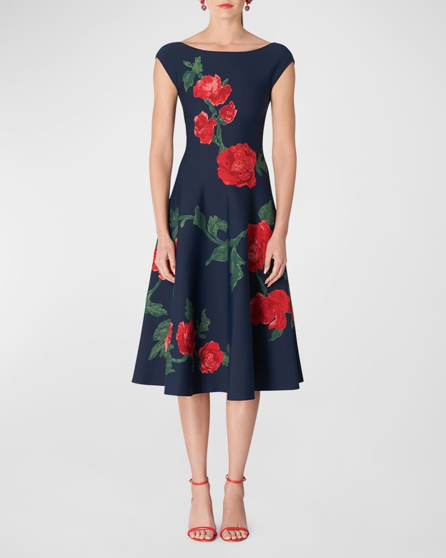 

Трикотажное платье миди с цветочным принтом и вырезом «лодочка» Carolina Herrera
