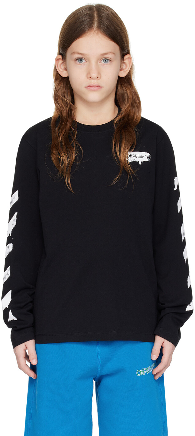 

Детская черная футболка с длинными рукавами и красками Off-White, Черный