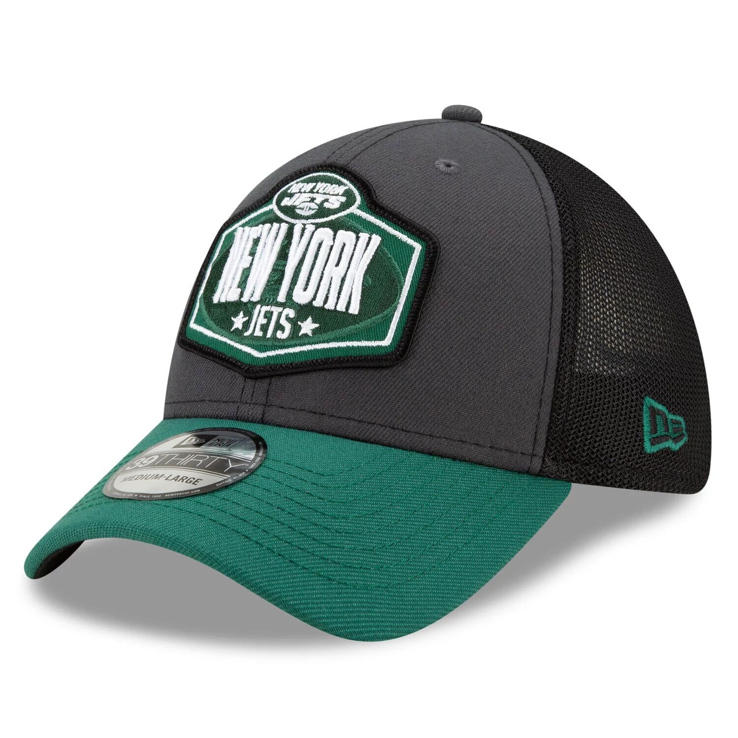 

Мужская кепка New Era графитового/зеленого цвета New York Jets 2021 NFL Draft Trucker 39THIRTY Flex Hat