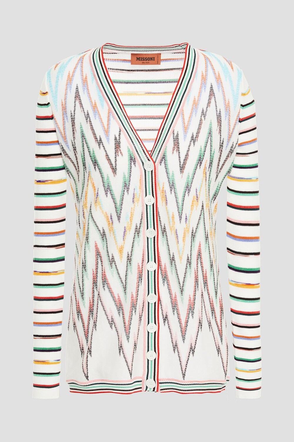 

Кардиган в полоску в рубчик, связанный крючком из смесового хлопка MISSONI, белый
