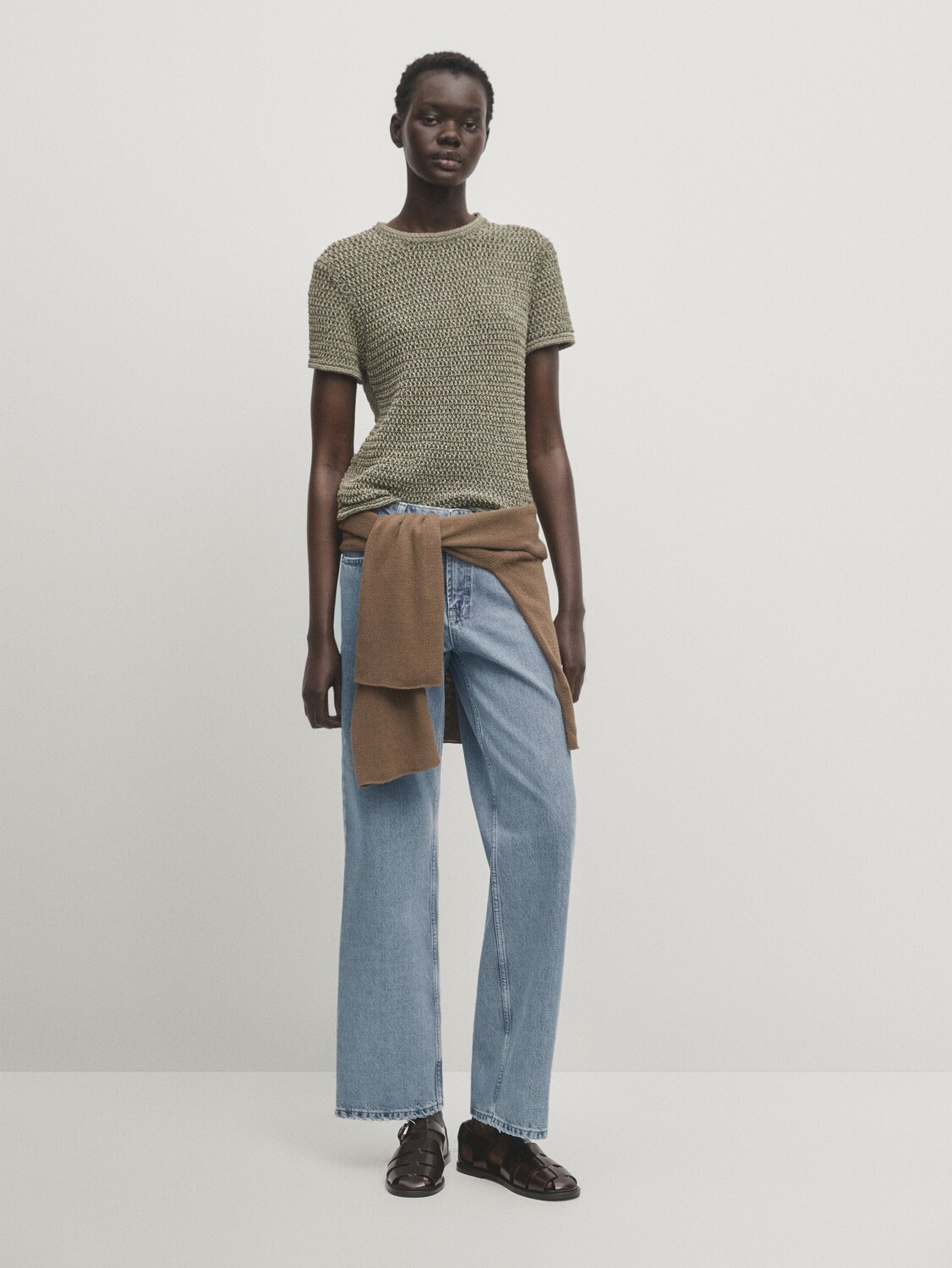 

Вязаный свитер с короткими рукавами и круглым вырезом Massimo Dutti, зеленый