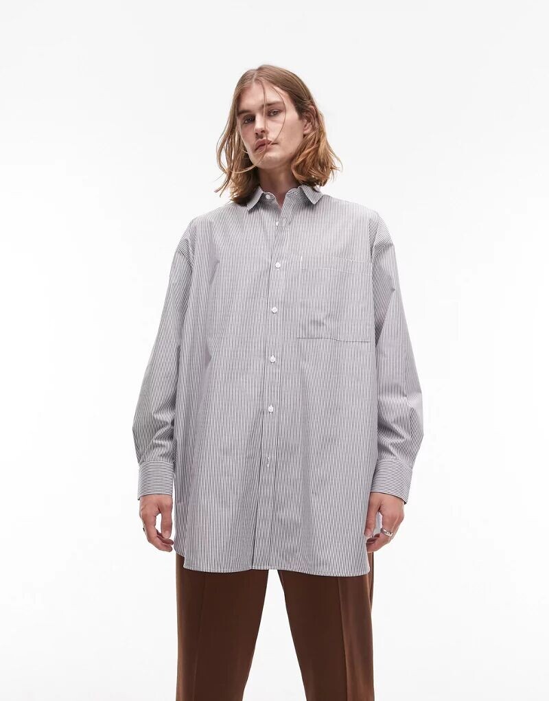 

Серо-белая рубашка в полоску оверсайз с длинными рукавами Topman