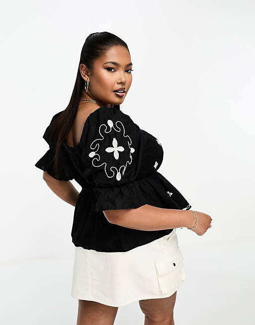

Черный топ с пышными рукавами River Island Plus