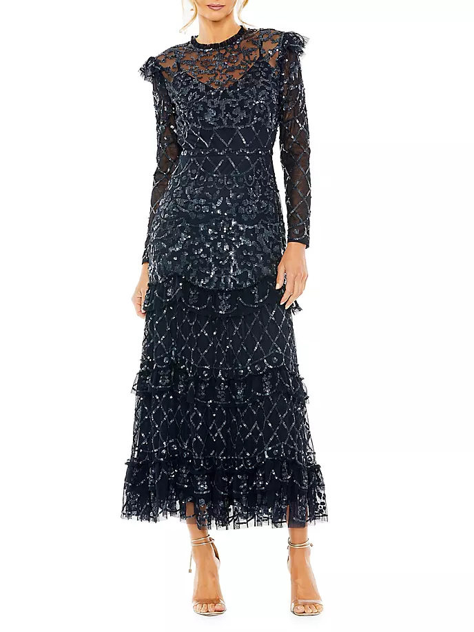 

Украшенное ярусное платье с длинными рукавами Mac Duggal, цвет midnight