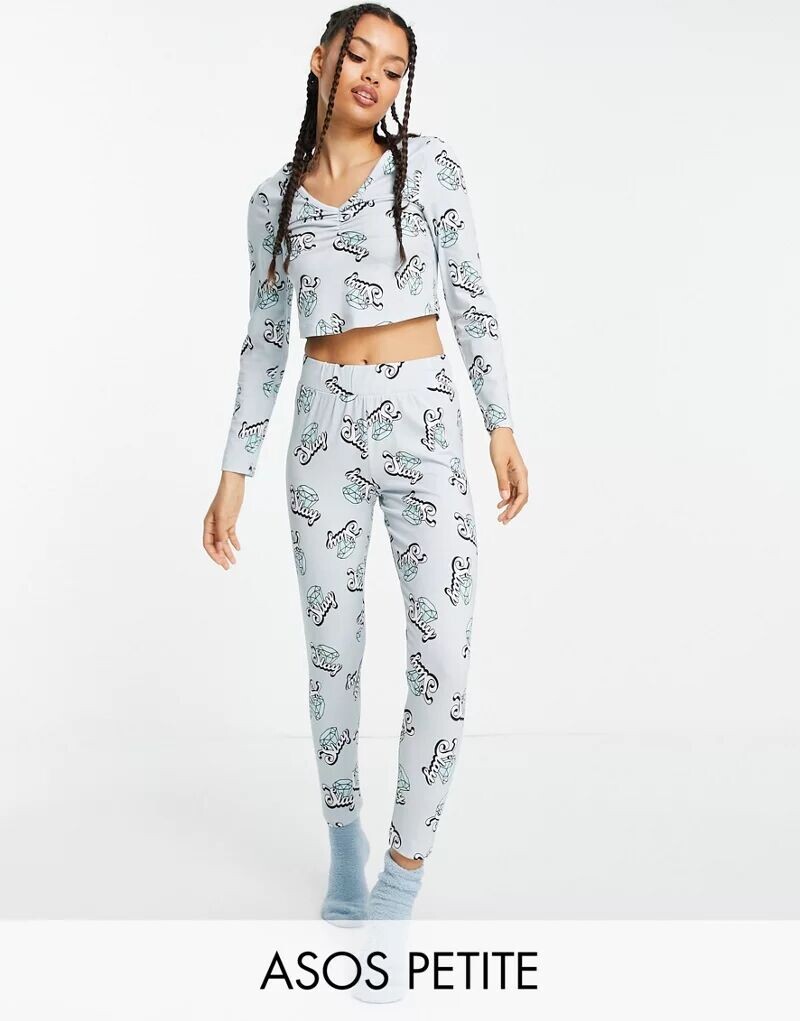 

Синий топ с длинными рукавами и леггинсы с принтом ASOS DESIGN Petite
