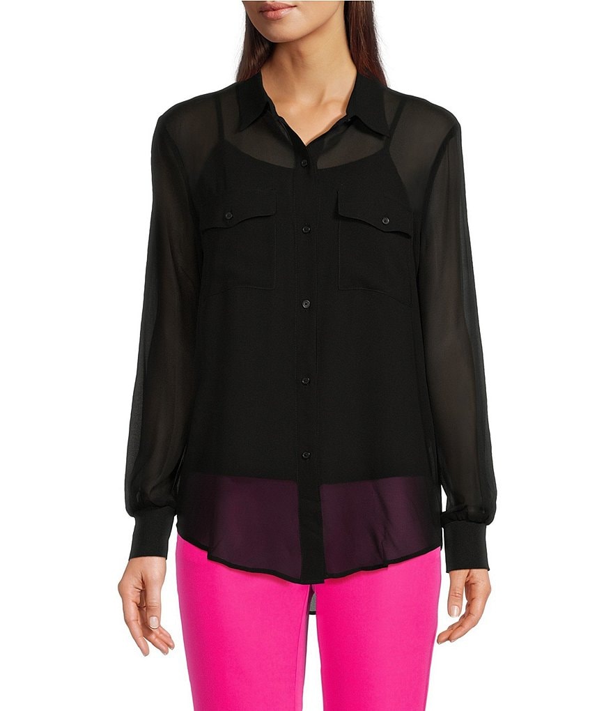 цена DKNY Тканая шифоновая блузка с воротником на пуговицах, черный