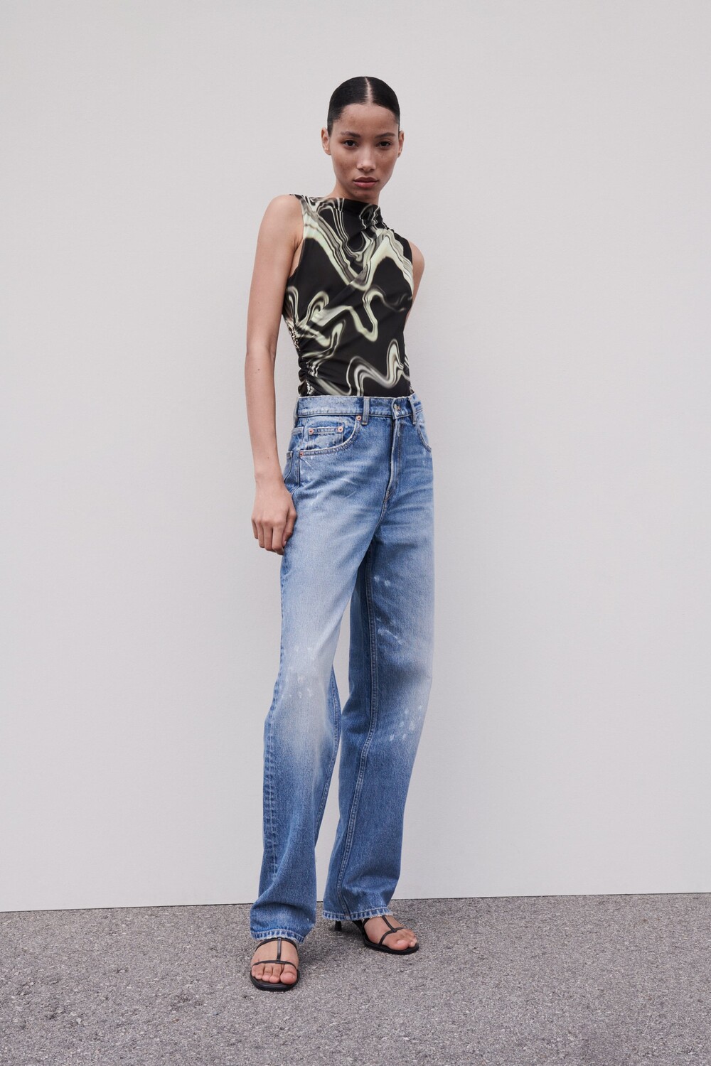 

Боди с принтом из тюля Zara, черный / экрю