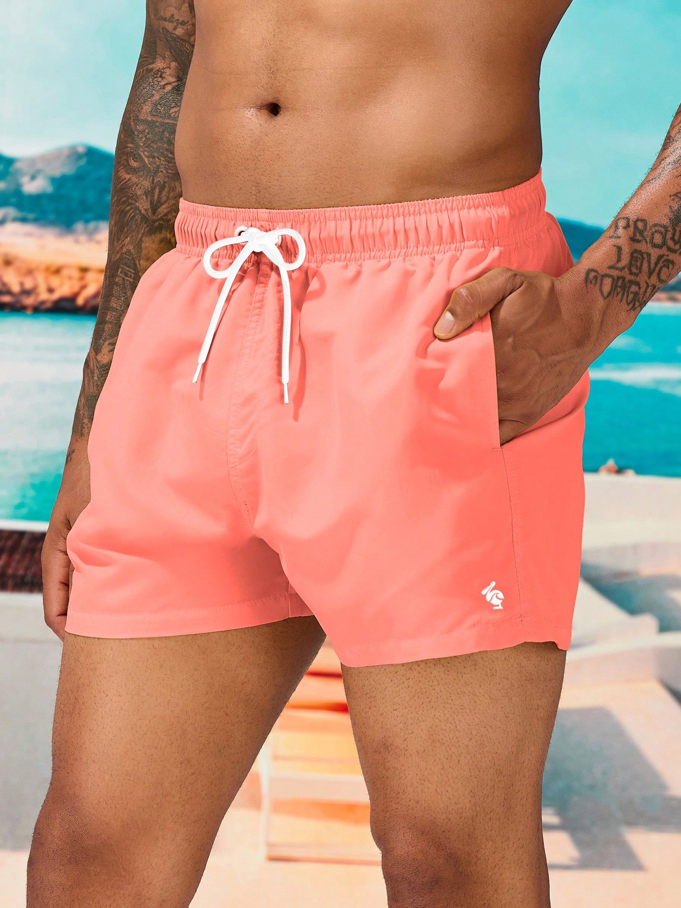 Мужские однотонные пляжные шорты Manfinity с завязками на талии, розовый цена и фото