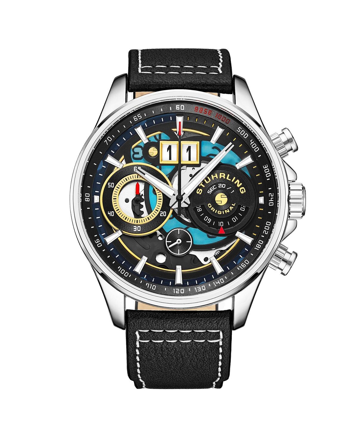 

Мужские часы Aviator, черная кожа, черный циферблат, круглые часы 45 мм Stuhrling