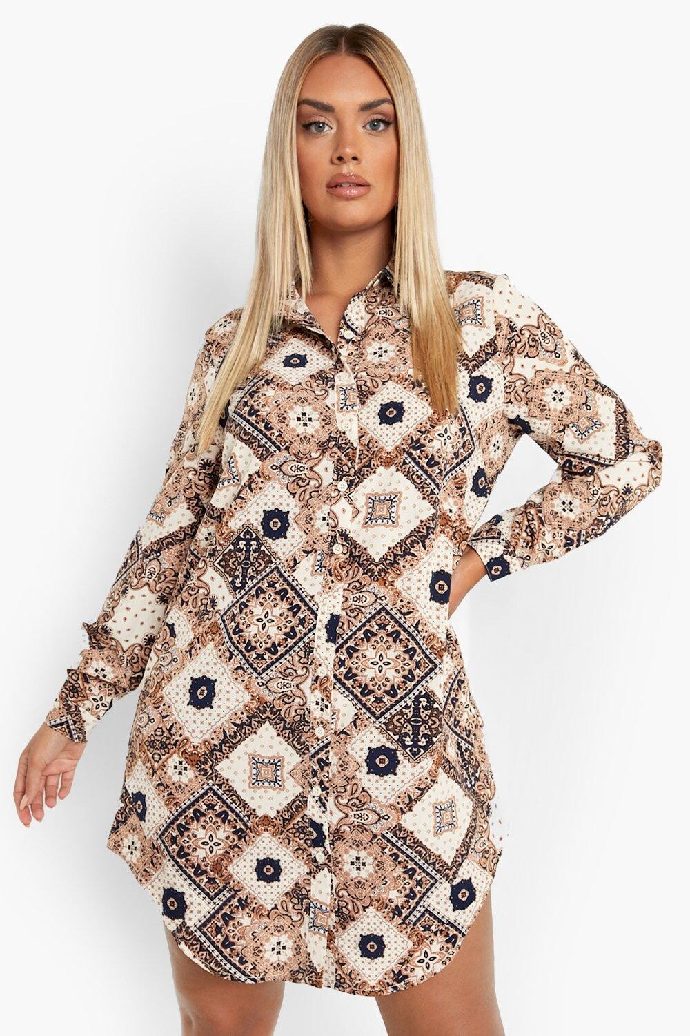 

Атласное платье-рубашка Plus с узором пейсли boohoo, бежевый