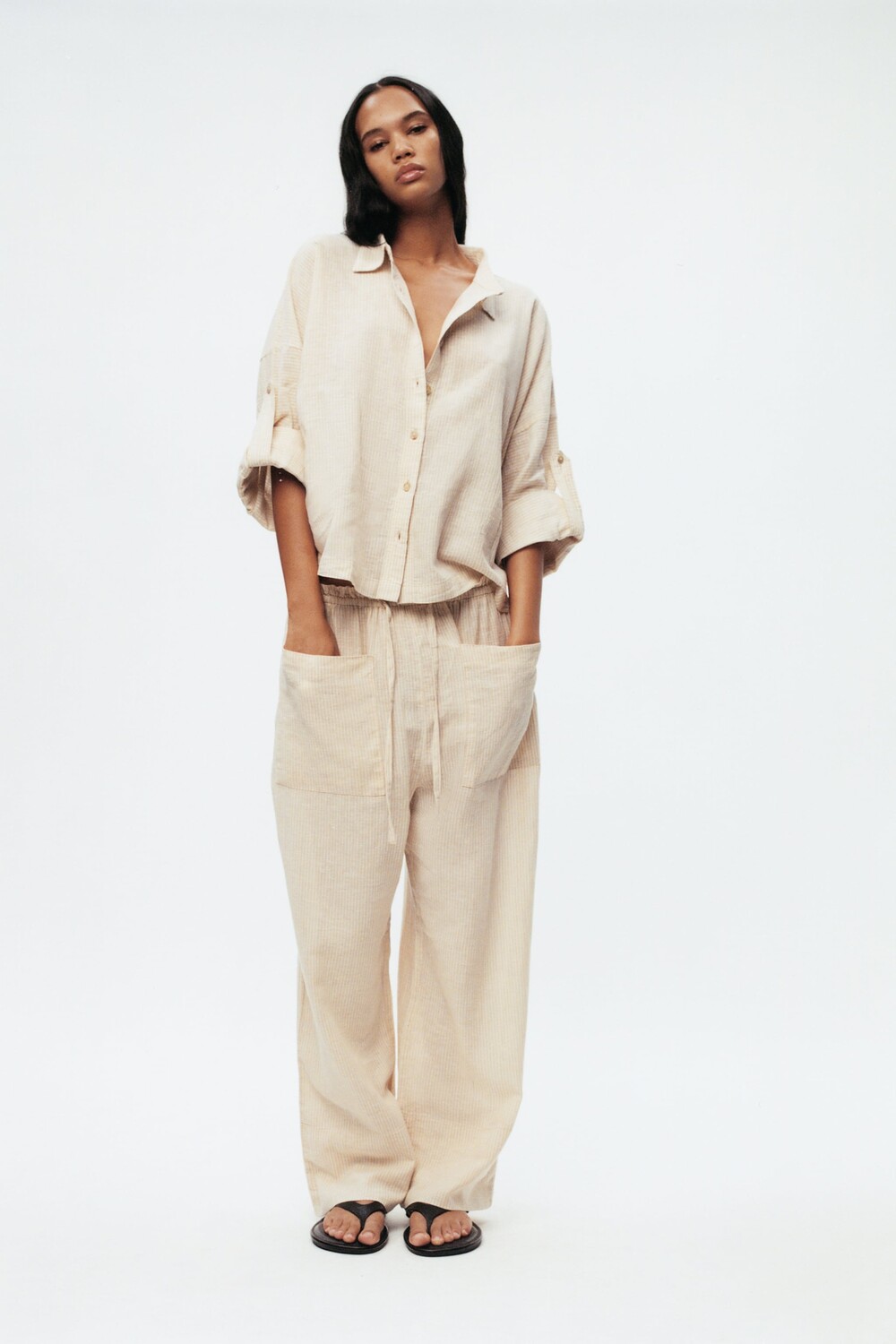 

Рубашка из смешанной льна в полоску Zara, ecru / beige