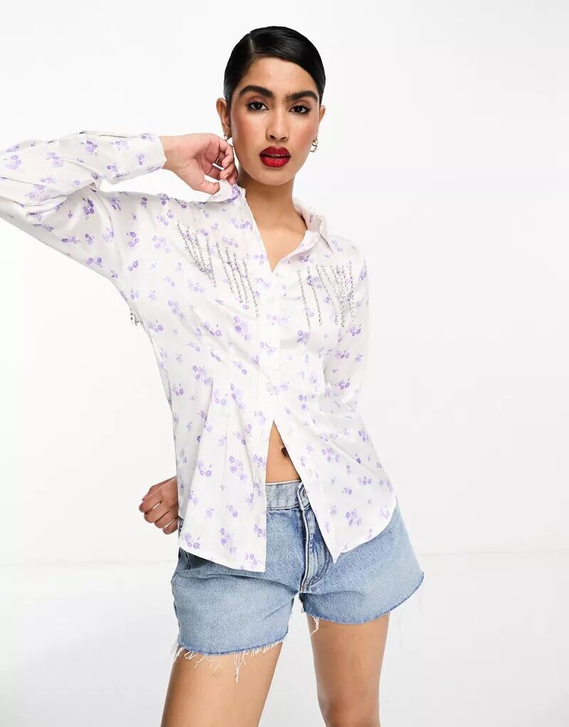

Атласная фестивальная рубашка ASOS с цветочным принтом и бахромой из стразов