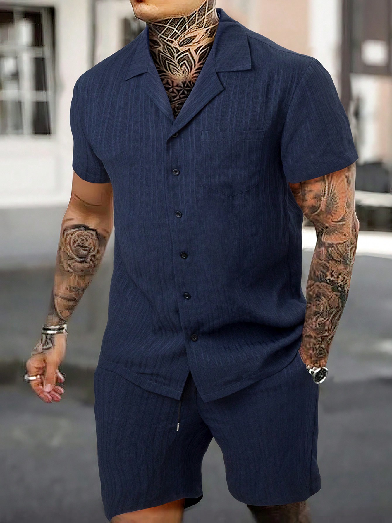 Мужская рубашка с коротким рукавом и шорты Manfinity Homme с однотонным контрастным воротником, темно-синий