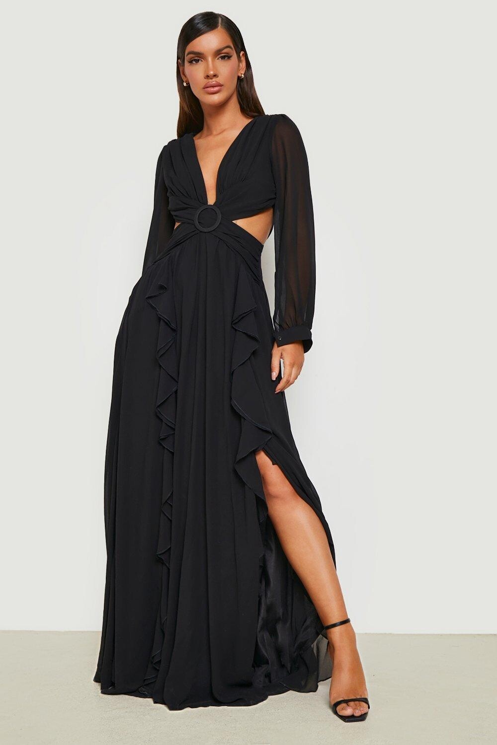 

Платье макси из шифона с орушами Boohoo, черный