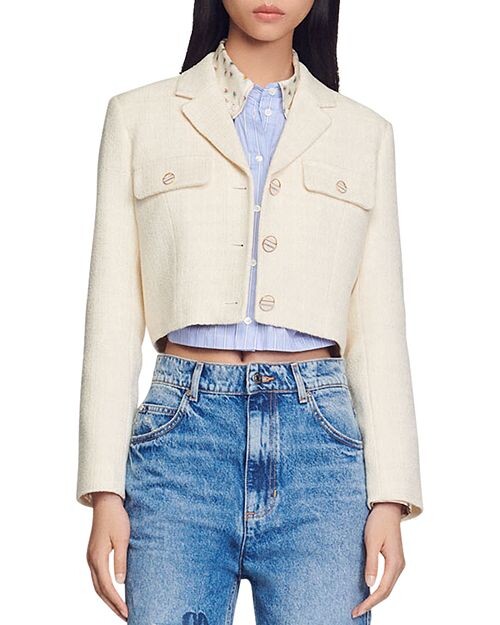 

Укороченный твидовый жакет Edma Sandro, цвет Ivory/Cream