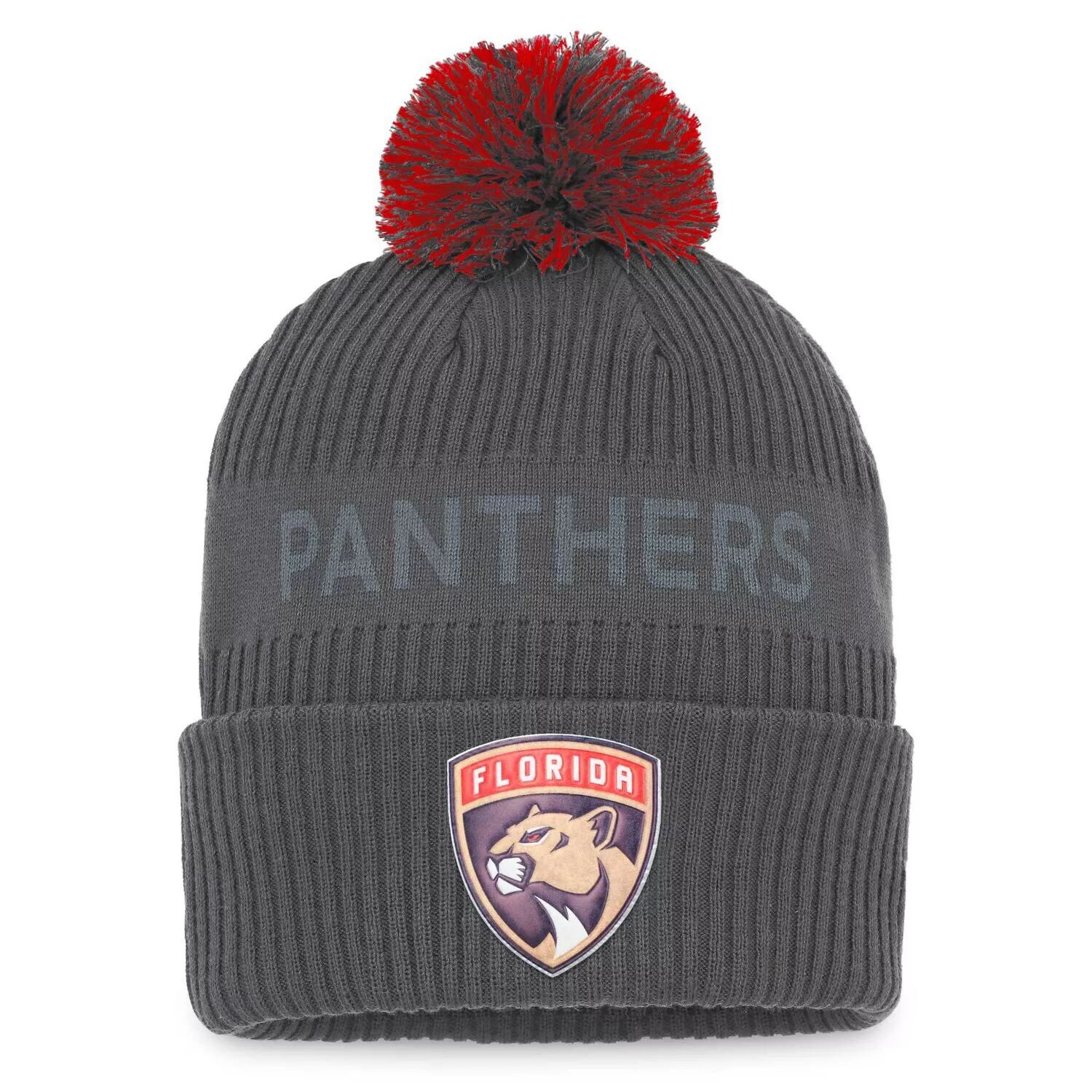 

Мужская угольная вязаная шапка Fanatics Florida Panthers Authentic Pro Home с манжетами и помпоном