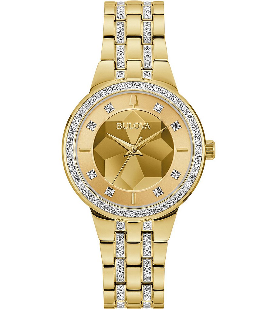 цена Bulova Женские кварцевые аналоговые золотистые часы с браслетом из нержавеющей стали Crystal Phantom, золотой