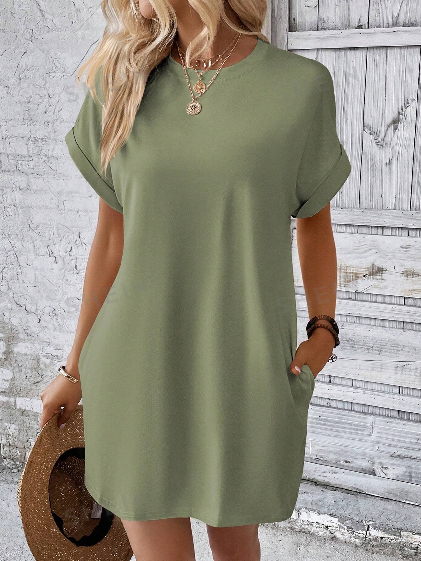 SHEIN LUNE Однотонное платье с рукавами «летучая мышь» и диагональными карманами, лаймово-зеленый платье trends brands однотонное 46 48 размер
