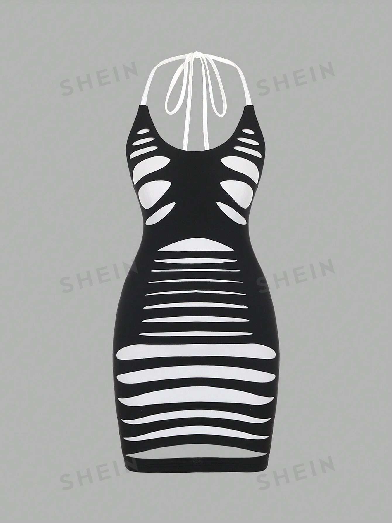 SHEIN ICON Женское черно-белое платье с бретелькой на шее в цветных блоках, черное и белое фотографии