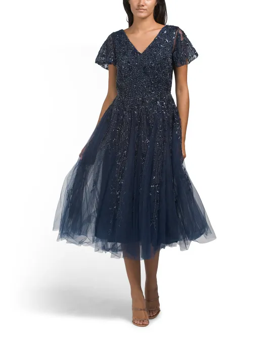 

Платье из тюля с короткими рукавами и пайетками Mac Duggal, цвет Midnight