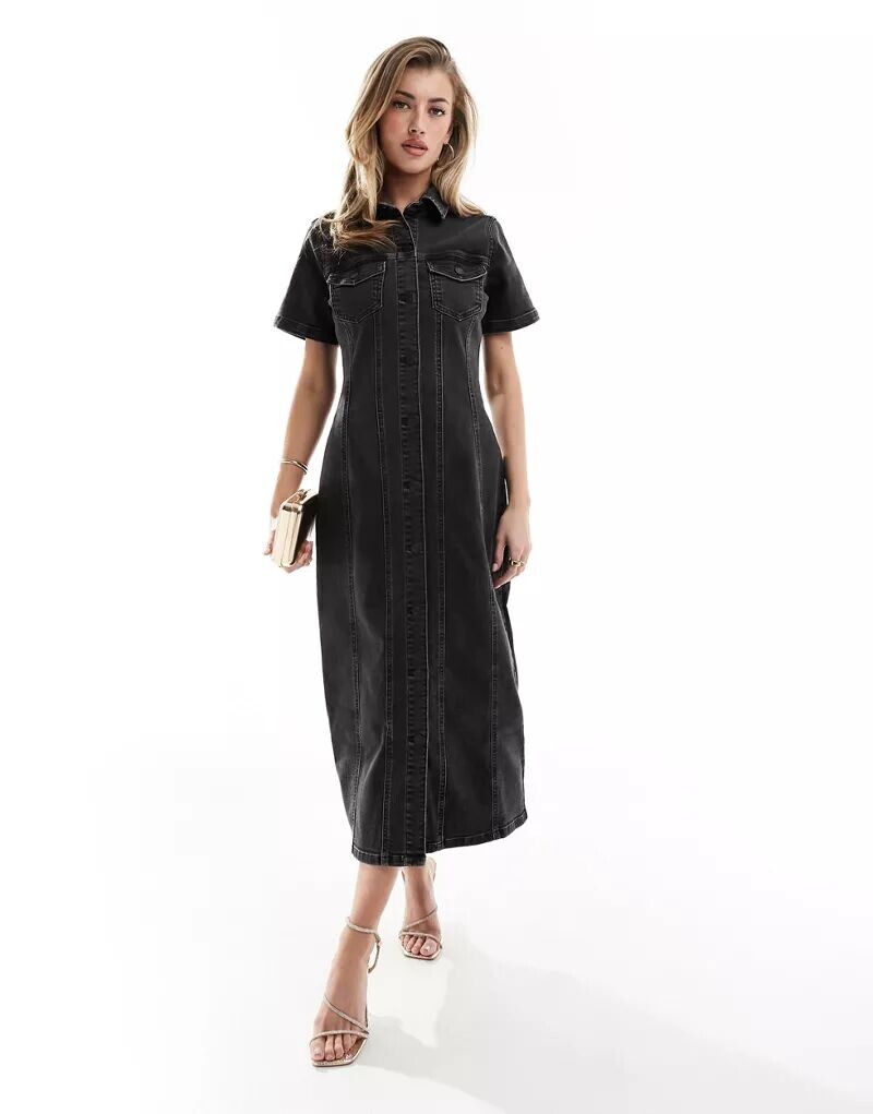 

Черное джинсовое платье-рубашка миди ASOS, Черный