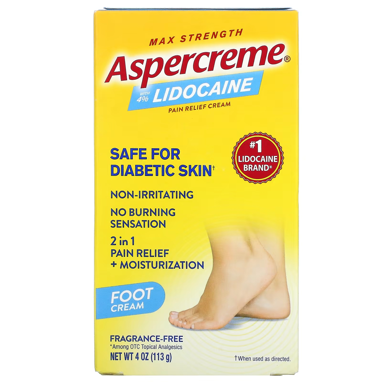 Обезболивающий крем для ног Aspercreme с 4% лидокаином максимальной силы, без отдушек, 4 унции (113 г)