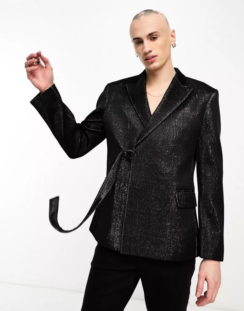 Черно-серебристый приталенный пиджак узкого кроя со складками и поясом ASOS