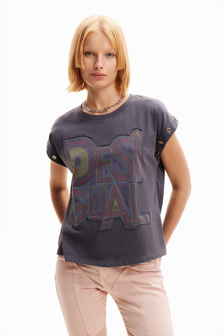 

Хлопковая футболка с пришитым логотипом Desigual, серый