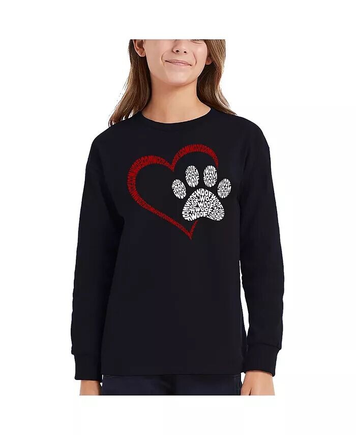 

Футболка с длинным рукавом для девочек Paw Heart Word Art La Pop Art, черный