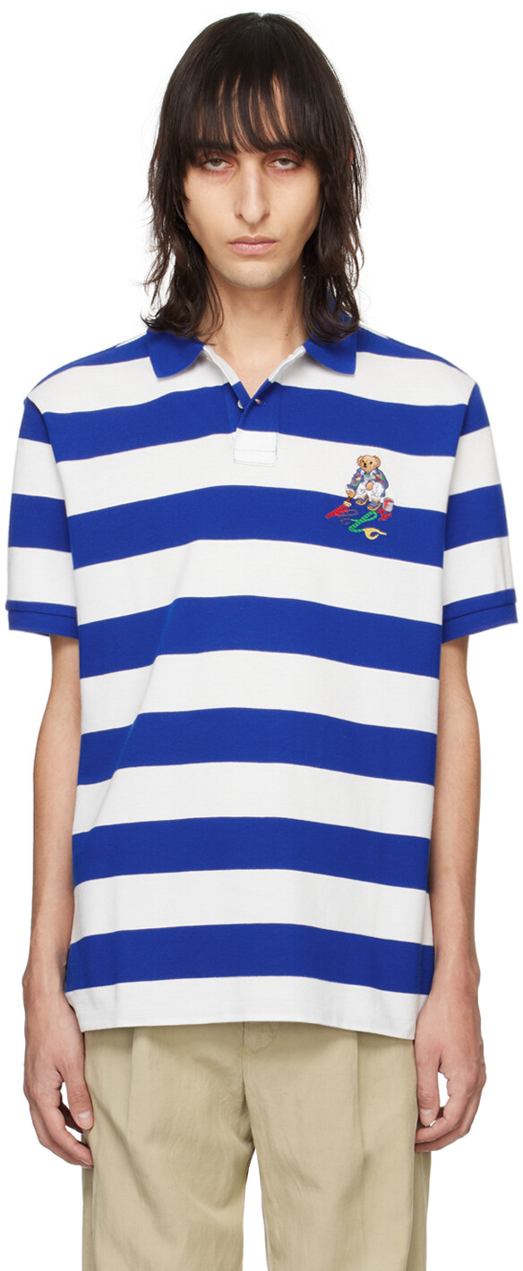 

Голубо-белая футболка-поло с изображением медведя Polo Ralph Lauren