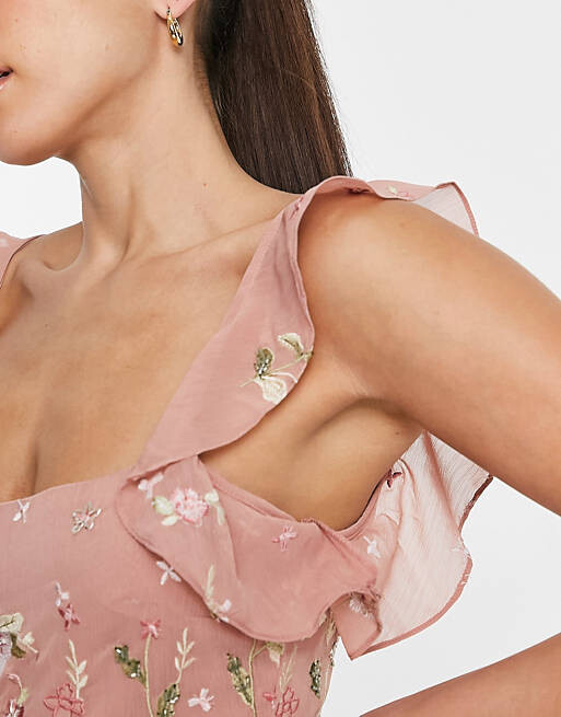 

Розовое платье макси на бретельках с вышивкой ASOS DESIGN Tall Bridesmaid