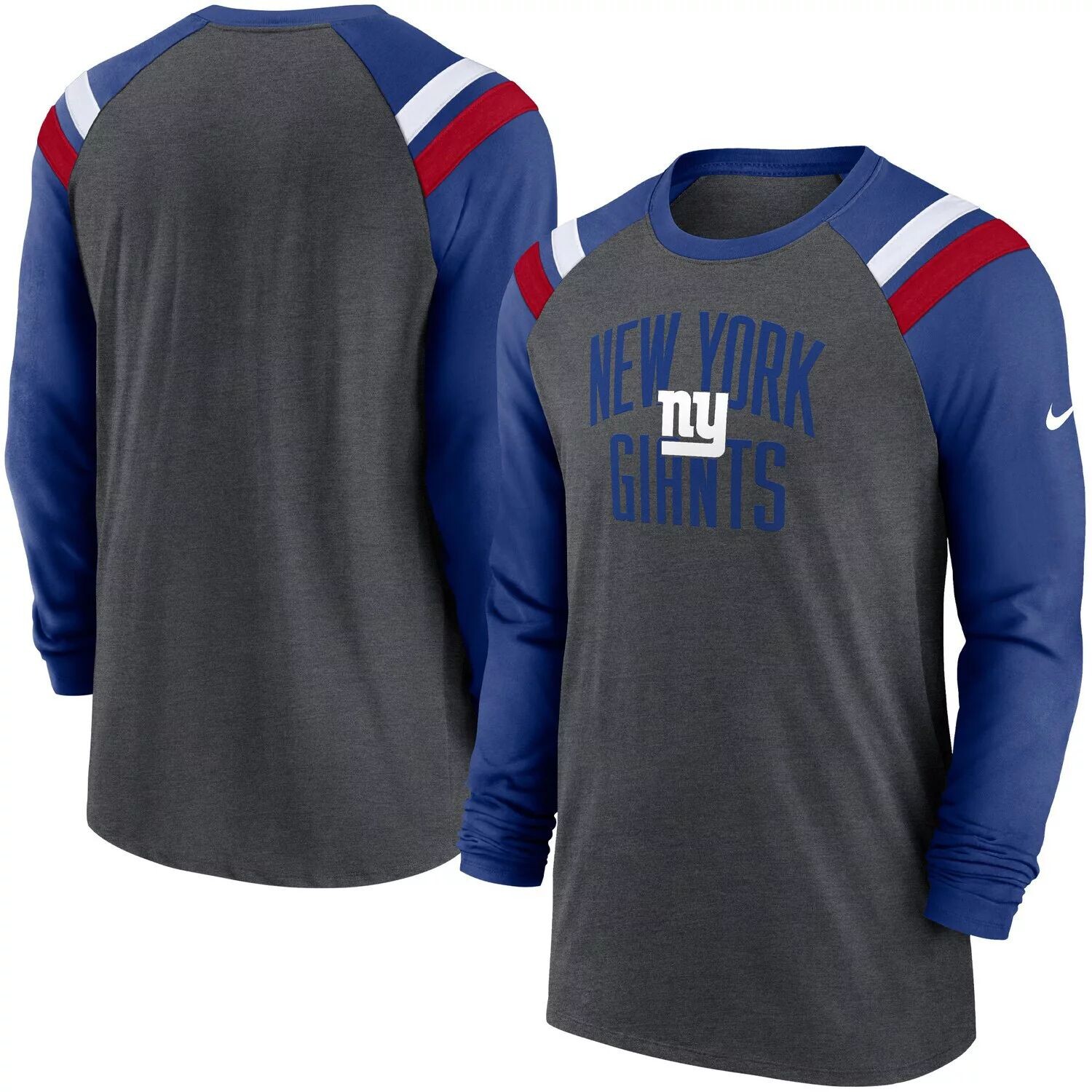 

Мужская модная спортивная футболка Nike Heathered Charcoal/Royal New York Giants Tri-Blend Raglan с длинным рукавом