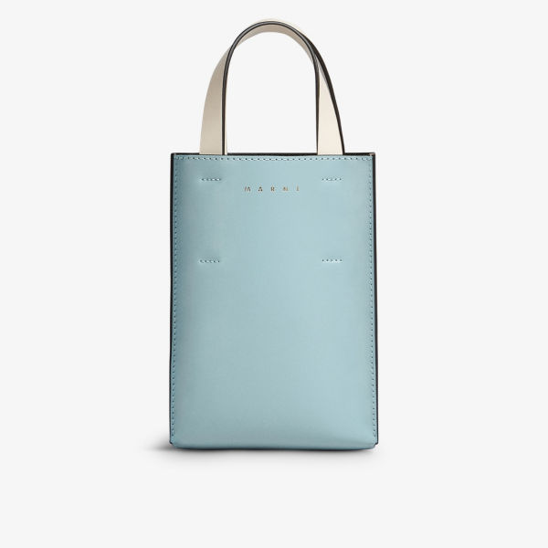 Кожаная сумка-тоут Museo с тисненым логотипом Marni, синий цена и фото
