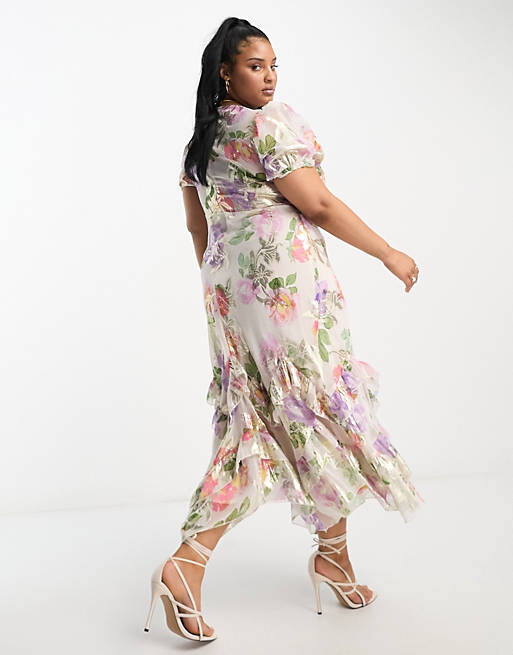 

Платье макси с люрексом и розами ASOS DESIGN Curve