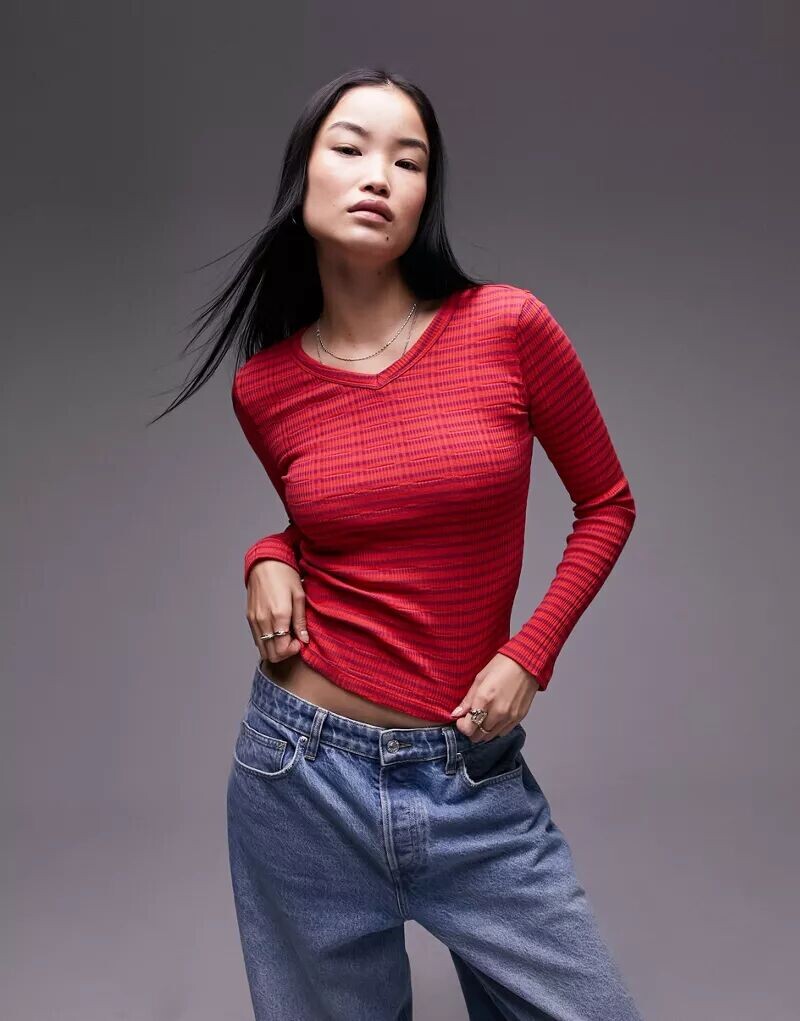 

Красный полосатый топ с длинными рукавами и v-образным вырезом Topshop