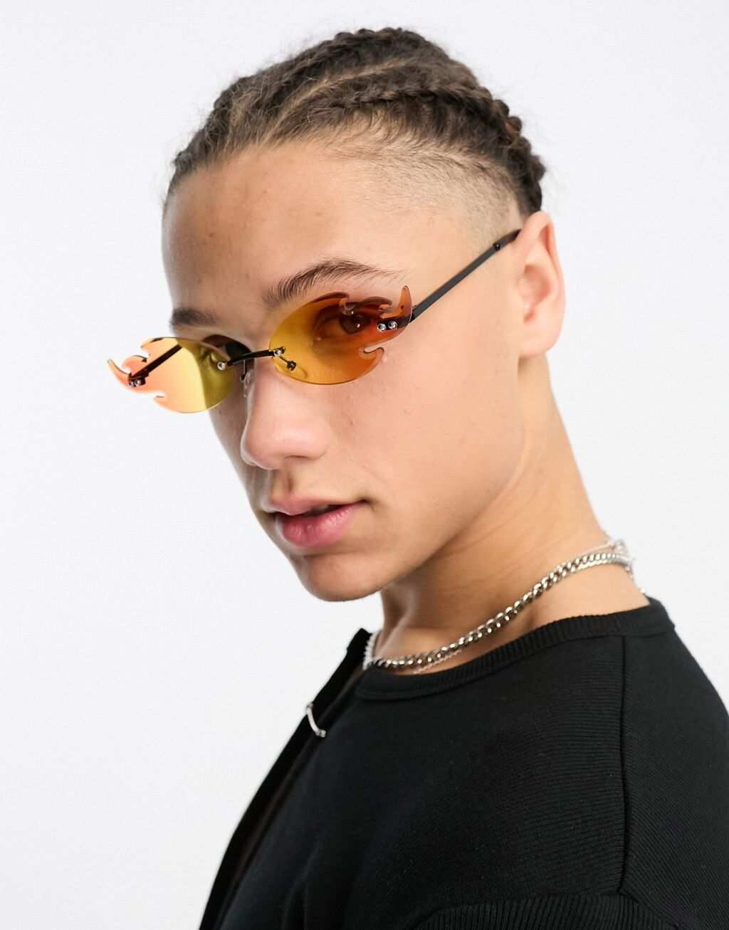 

Модные солнцезащитные очки без оправы с пламенным узором ASOS DESIGN красного цвета с эффектом омбре