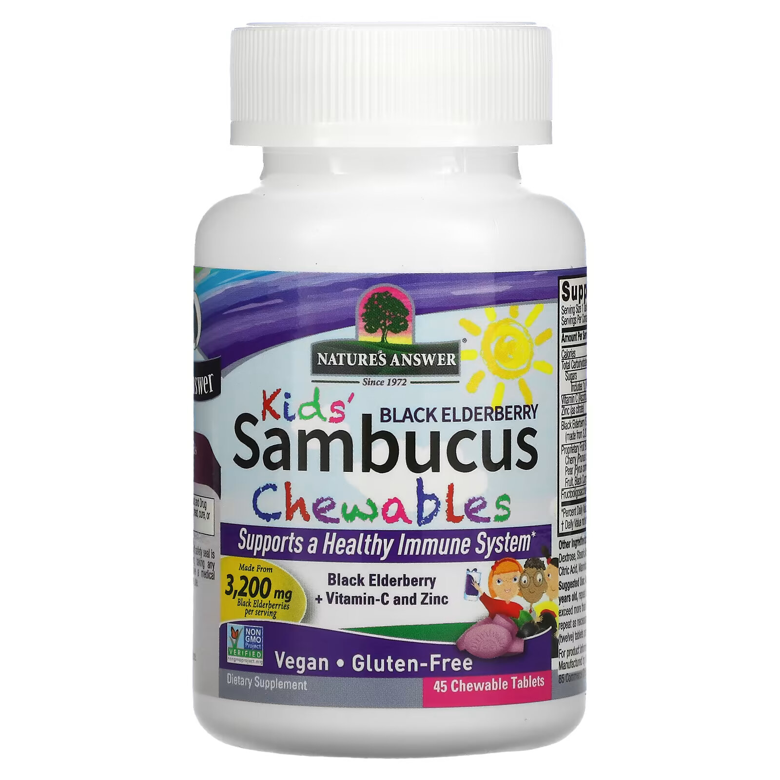 Natures Answer, Kids Sambucus, жевательные таблетки из черной бузины с витамином C и цинком, 45 жевательных таблеток